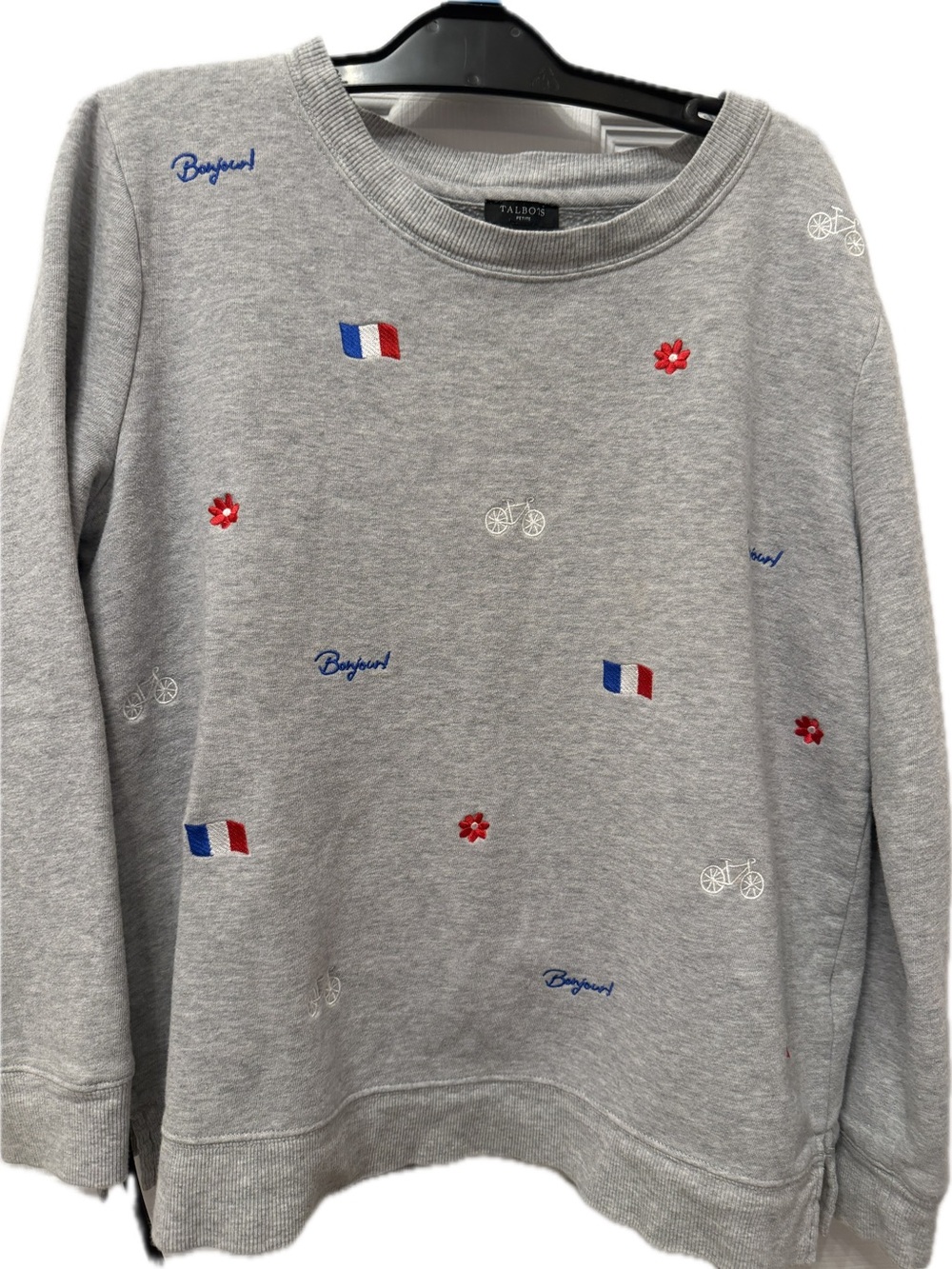 Talbots Gray Embroidered Sweatshirt with Red & Blue French Accents Size Petite M